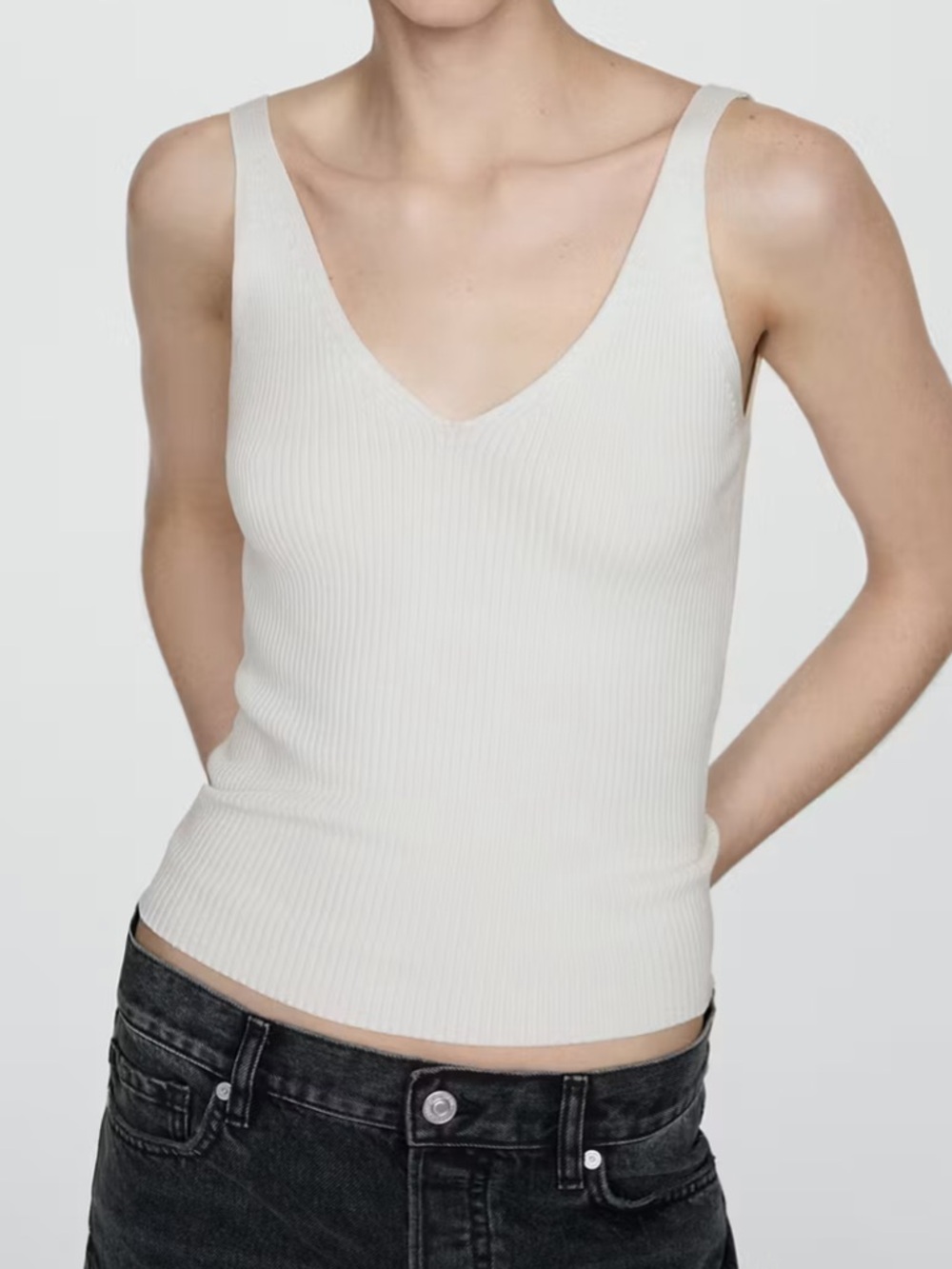 Mango White Ribbed V-Neck Tank Top KNIT STRAP TOP 0353